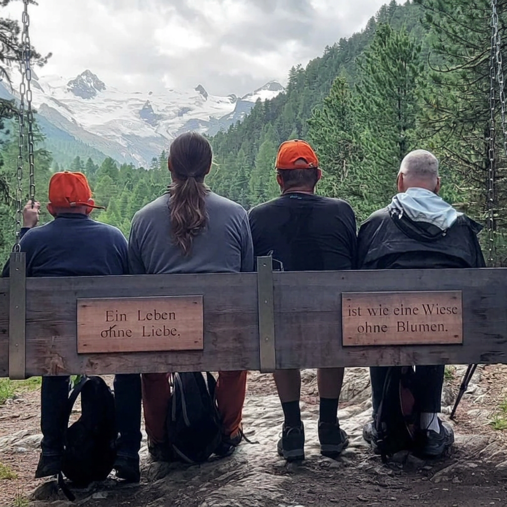 Vier Personen auf einer Hängeschaukel mit Blick auf eine Berglandschaft